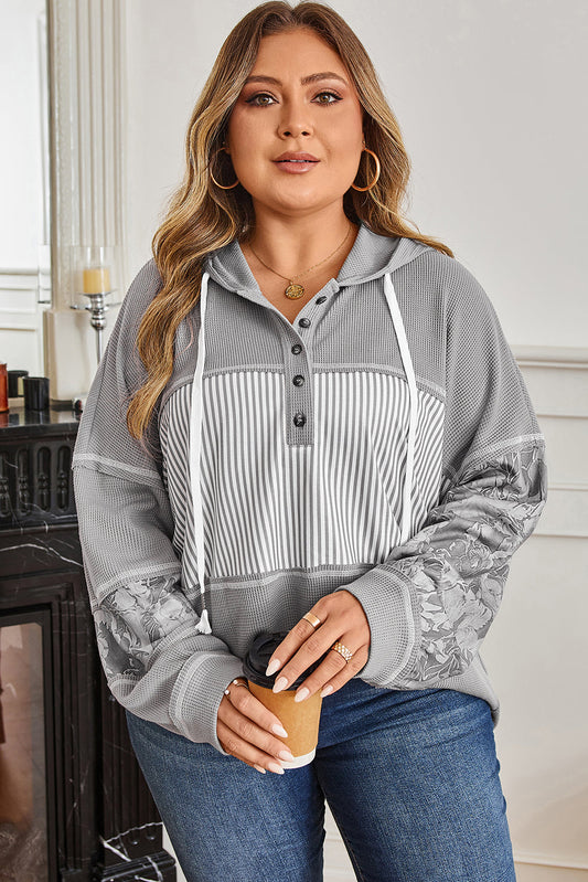 Gray Waffle Knit Patchwork Hooded Top With Half Buttons Dear-Lover Dropshipping