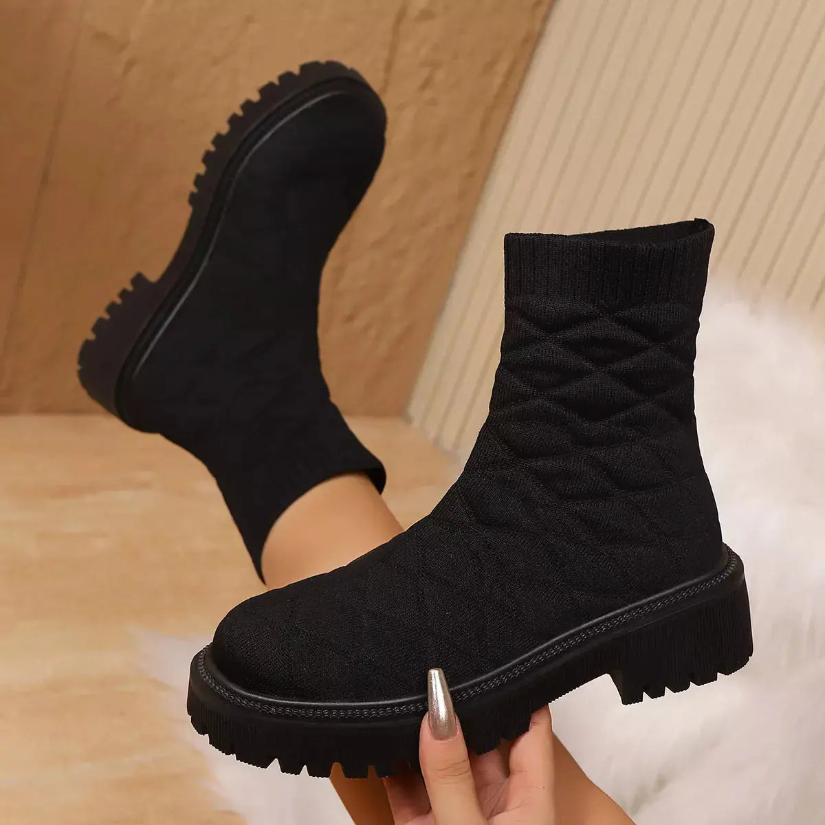 Black Knit Sock Boots With Round Toe And Low Heel Thick Lug Sole Simply Love