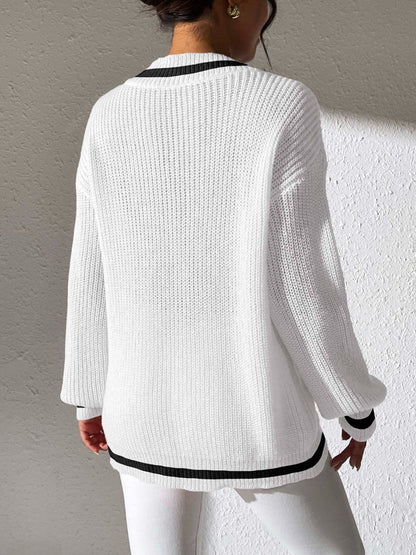 Vibrant V-neck Sweater - Long Sleeve, Contrast Trim, 100% Polyester