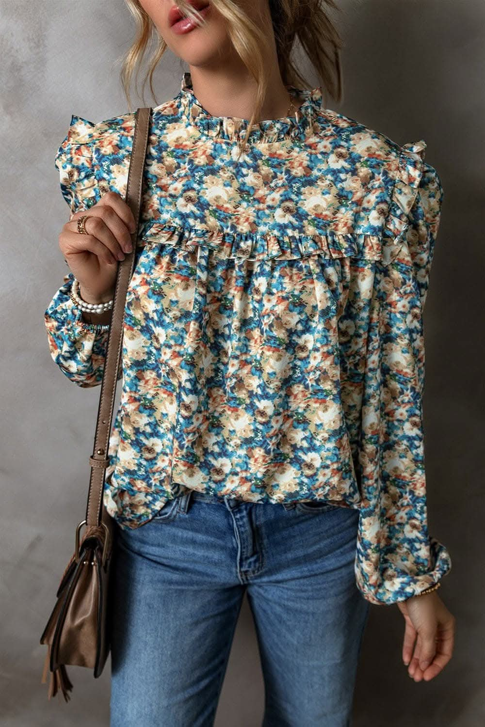 Frill Printed Mock Neck Long Sleeve Blouse.