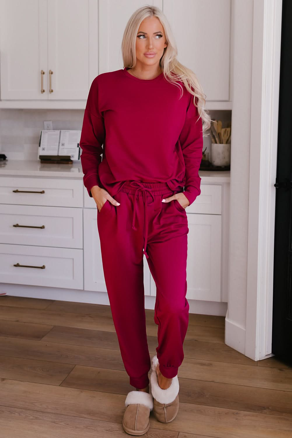 Casual Round Neck Tee and Drawstring Trousers Lounge Ensemble