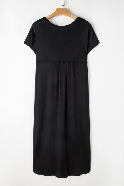 Elegant black v-neck maxi t-shirt dress with hidden pockets and stylish splits