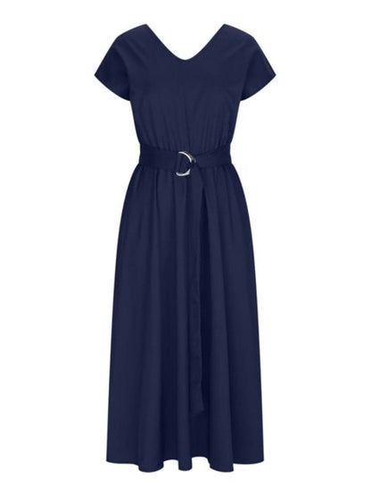 Ruched V-Neck Cap Sleeve Dress.