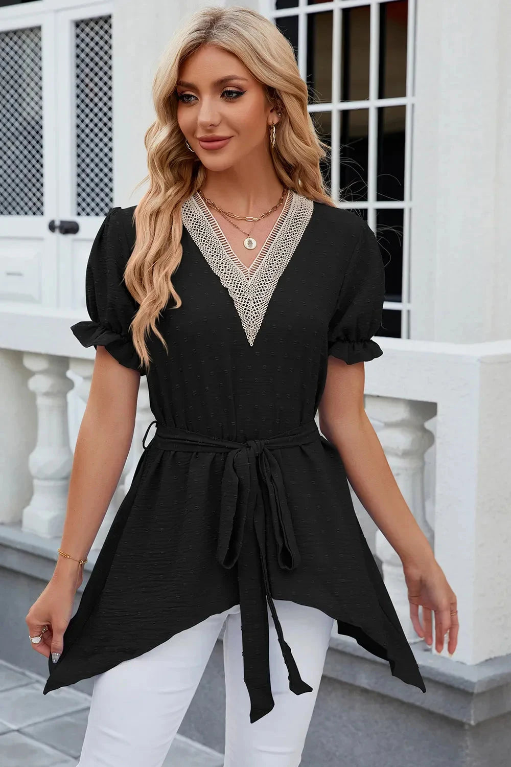 Swiss Dot Tie Waist Flounce Sleeve Blouse Coco’s Tee Boutique