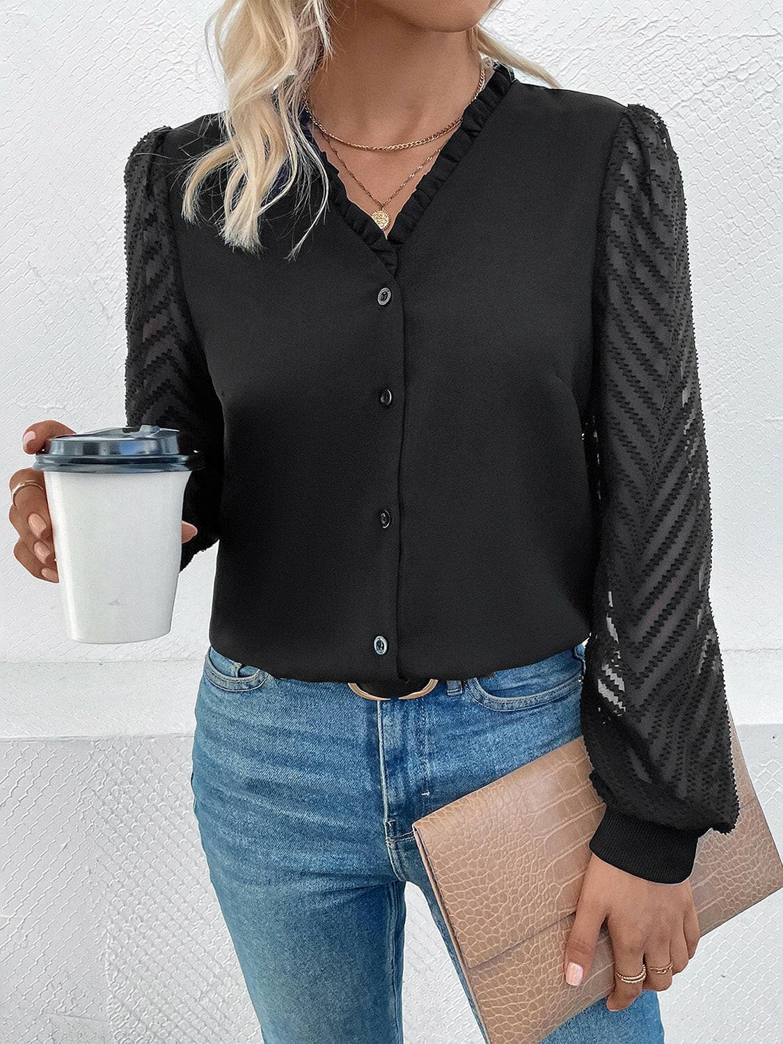 Mesh V-Neck Button Front BlouseExperience Elegance: Mesh V-Neck Button Front Blouse
 Indulge in sophistication with our Mesh V-Neck Button Front Blouse, a stunning piece that effortlessly combinesLove Salve -Neck Button Front BlouseBlouses