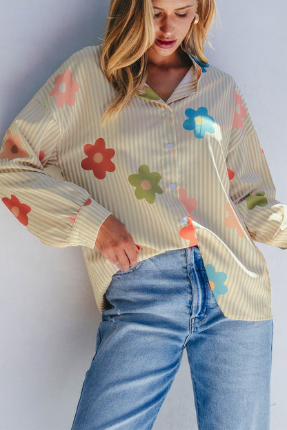 Chic apricot floral stripe button-up shirt for effortless style