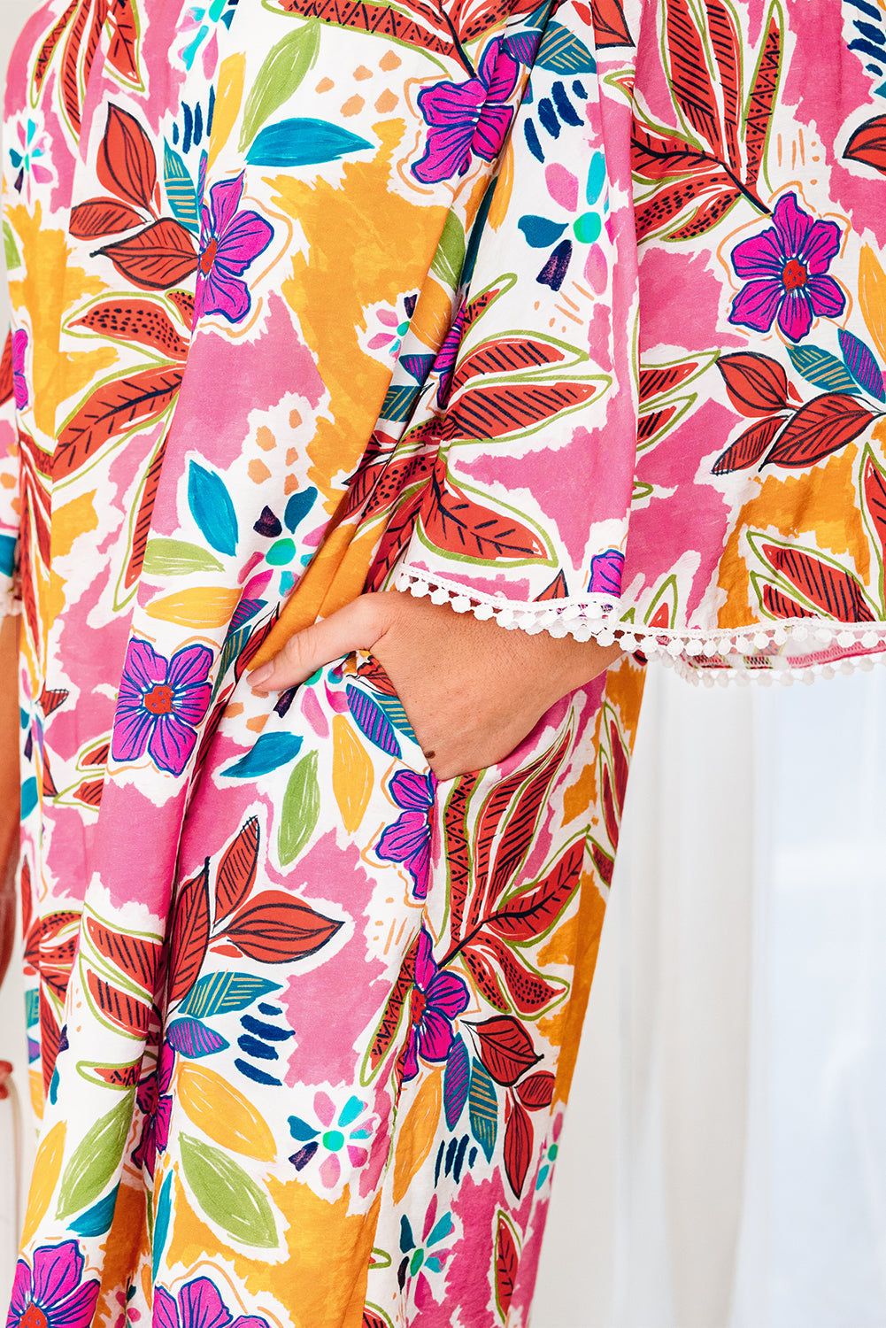 Premium Pink Floral Print Lace Trimmed Tie Back Bell Sleeve Dress Dear-Lover Dropshipping