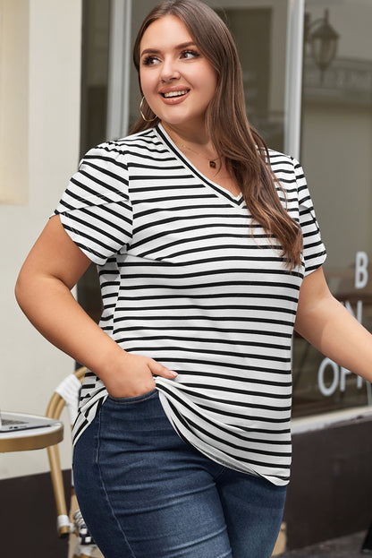 Chic white striped v neck plus size T-shirt with petal sleeves