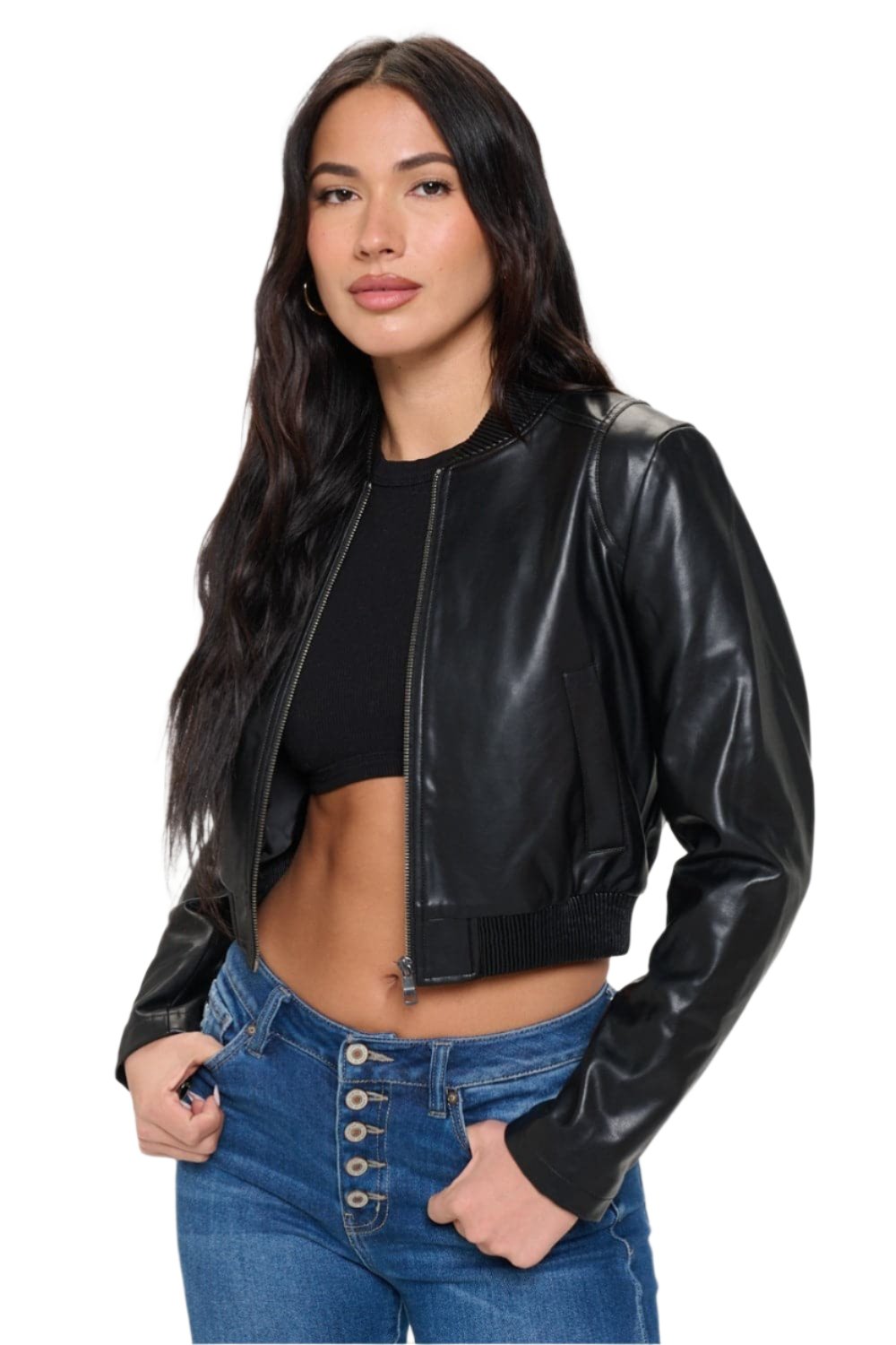 Coalition LA Zip Up Cropped Bomber JacketThis zip-up cropped bomber jacket is made with vegan leather for a stylish and cruelty-free option. The bomber style gives it a trendy and edgy look. It features a hLove Salve Coalition LA ZipOuterwear