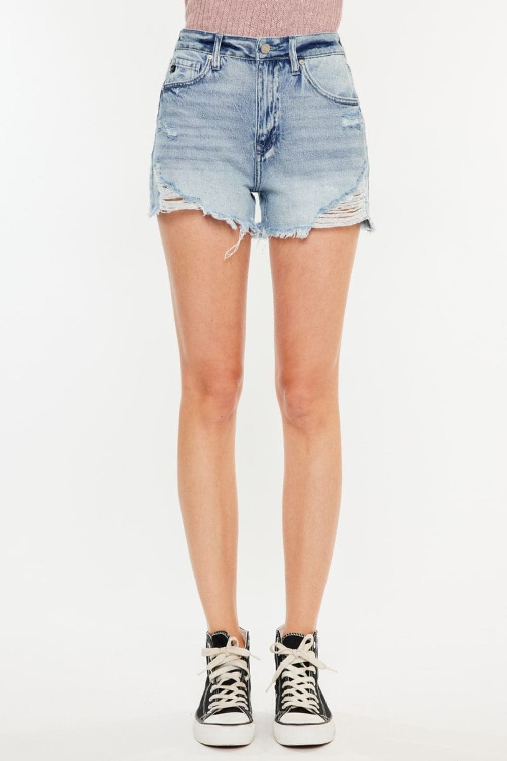 Kancan Distressed High Waist Denim Shorts with Pockets.