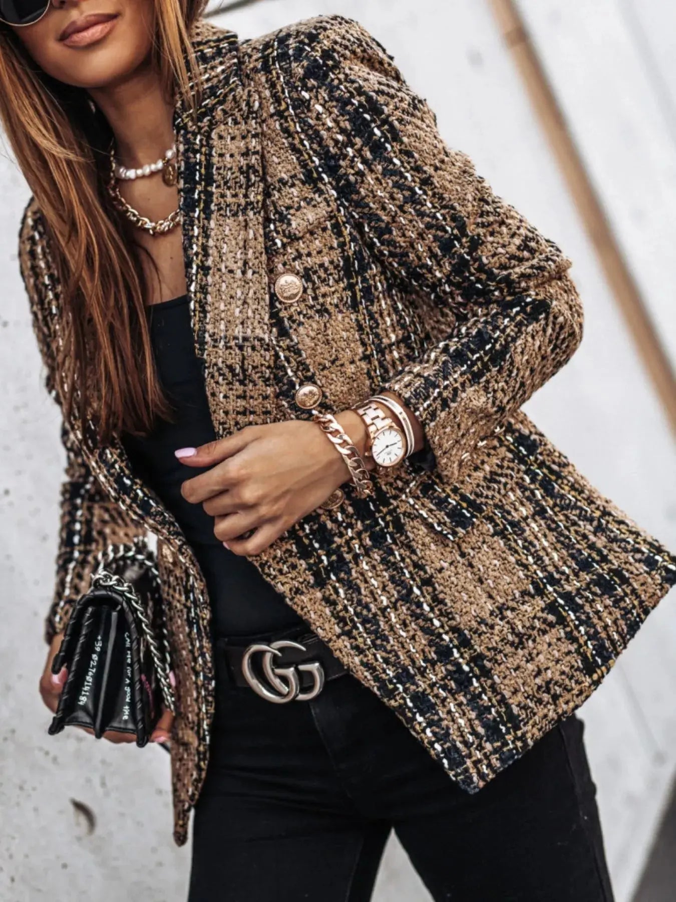Full Size Plaid Tweed Double-Breasted Blazer Plus Size Simply Love