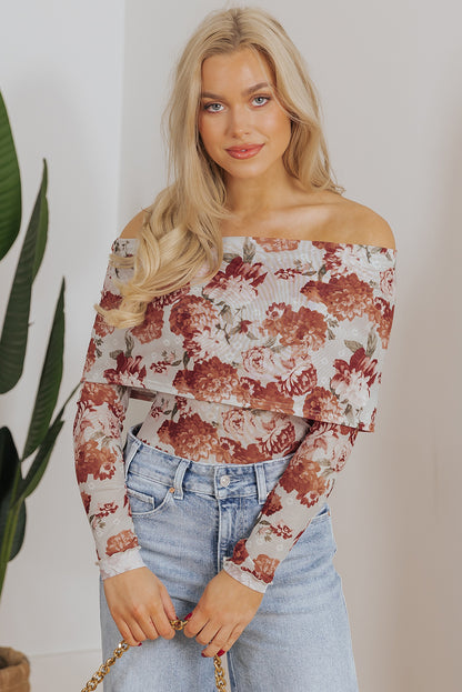 Pink Floral Printed Long Sleeve Sheath Bodysuit for Women