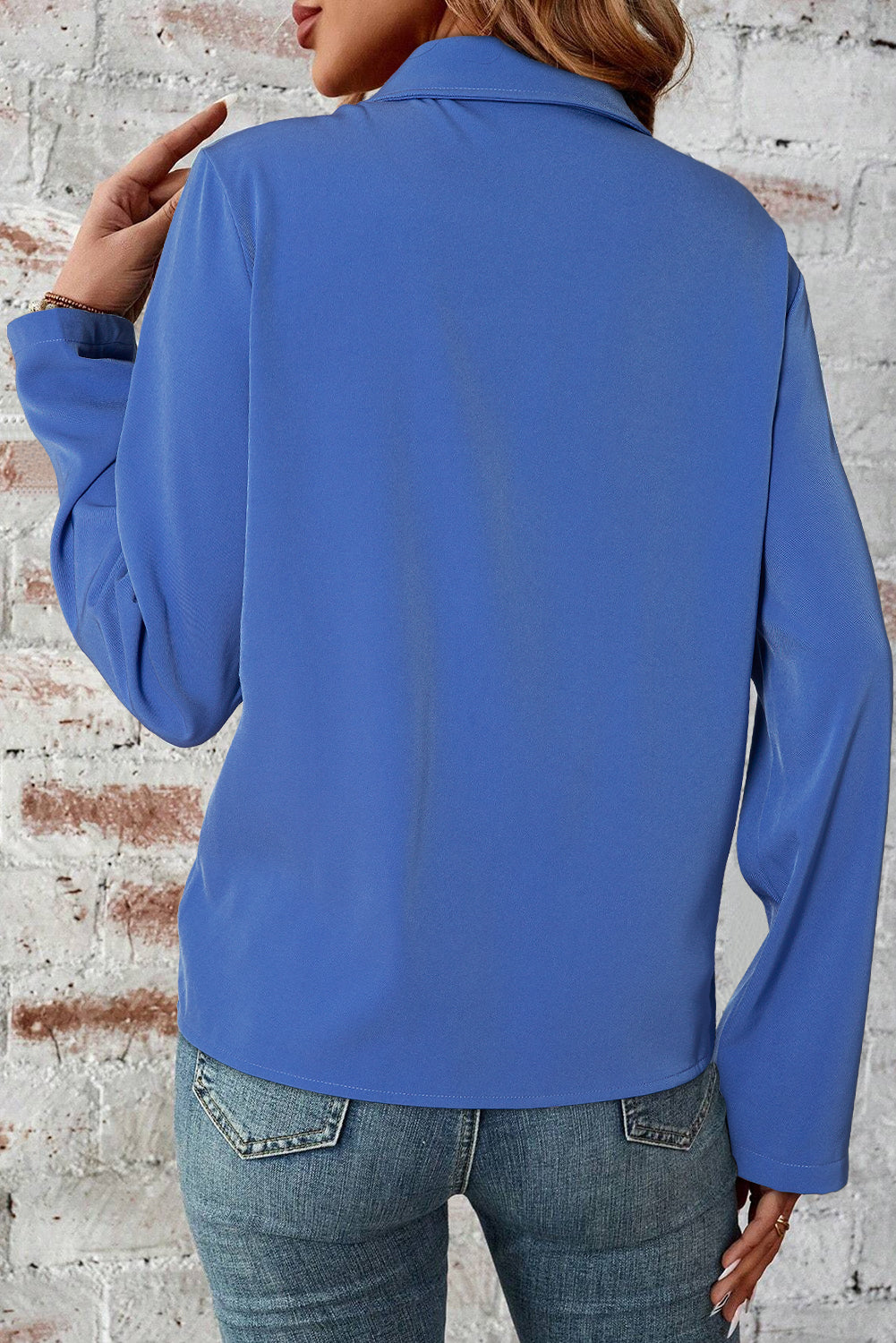 Dusk Blue Zip-Up Jacket with Tab Sleeves and Flap Detail