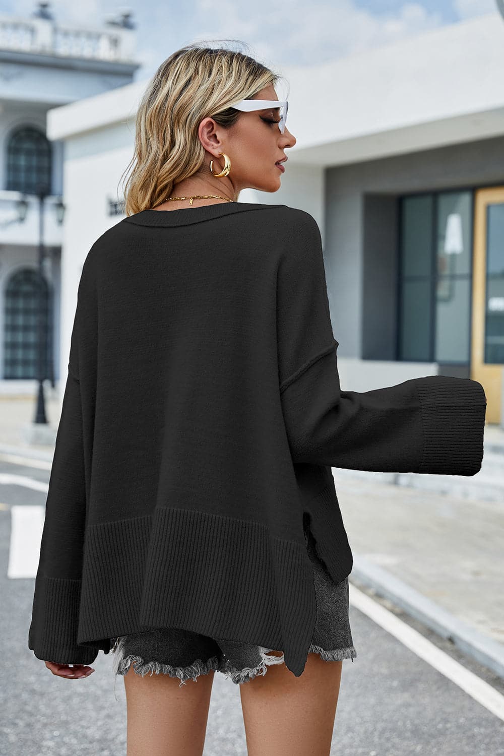 Round Neck Dropped Shoulder Slit Sweater.