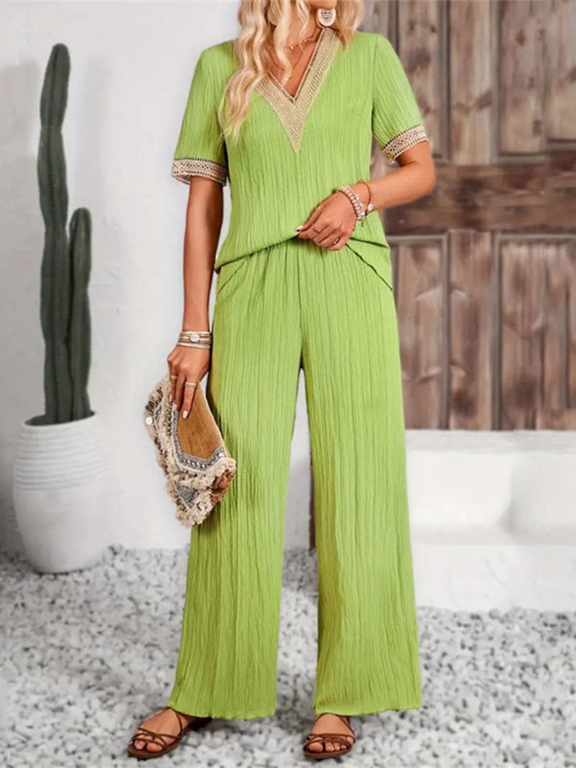 V-Neck Short Sleeve Top and Pants Set.