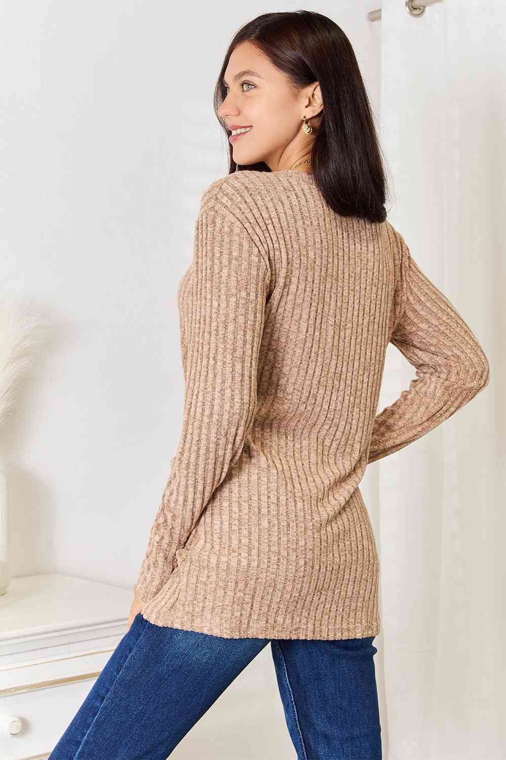 Double Take Notched Neck Ribbed Long Sleeve T-Shirt - Love Salve