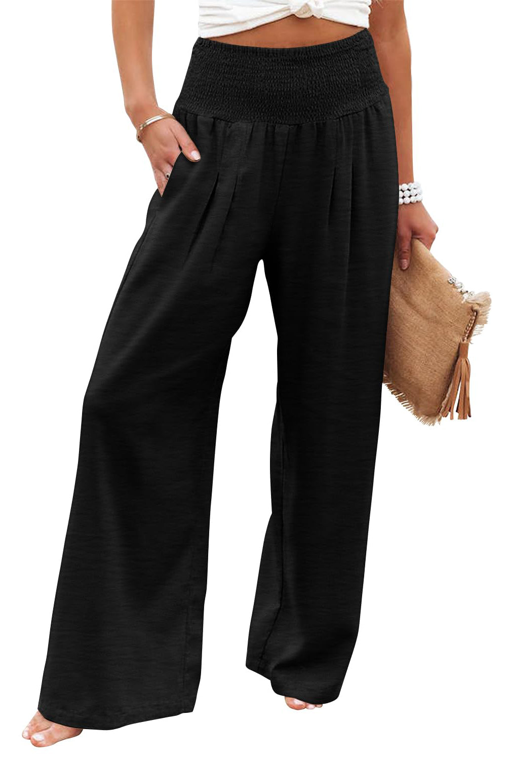 Chic black plus size wide leg pants with shirred high waist