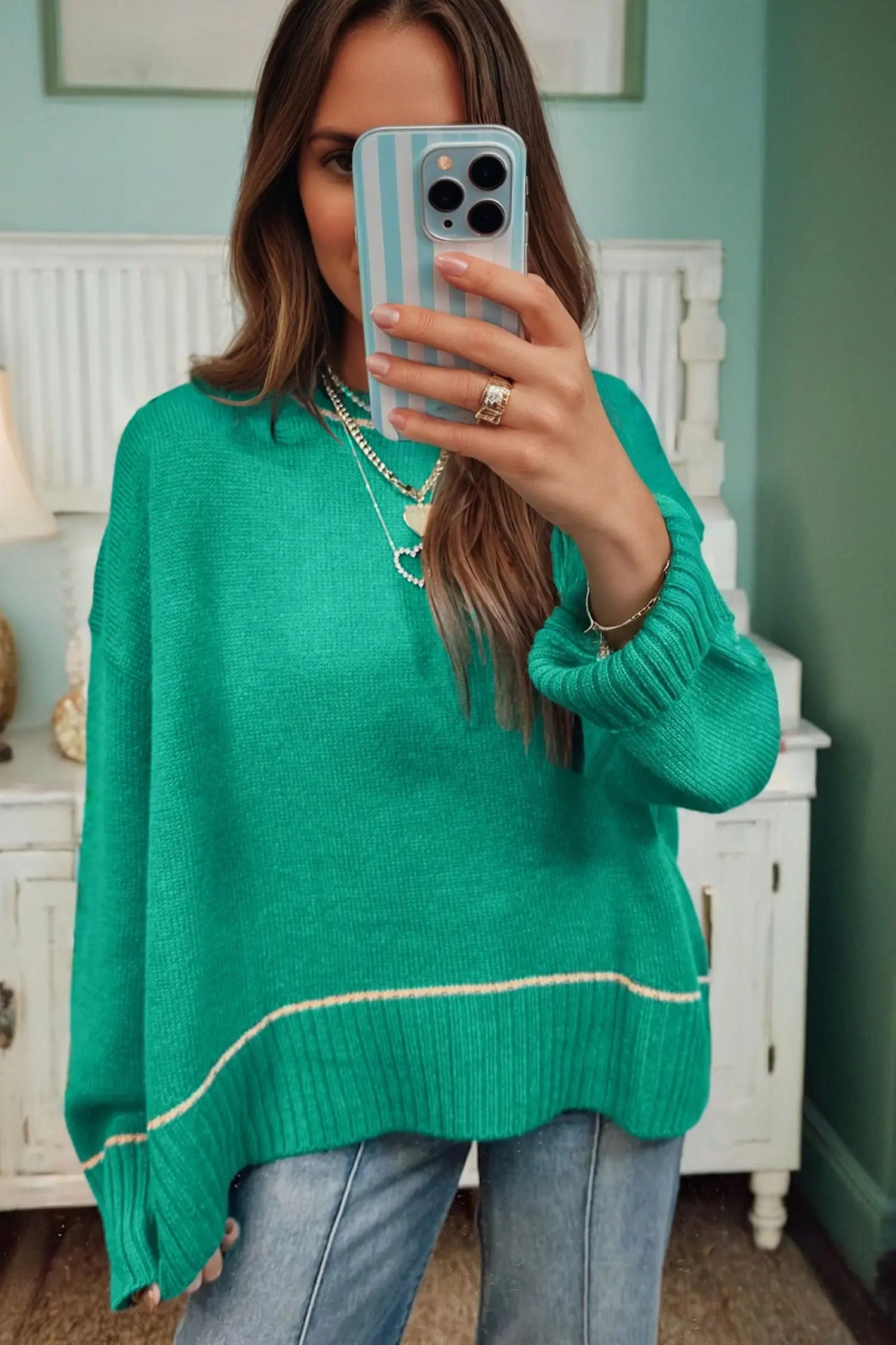 Sea Green Contrast Detail Drop Shoulder Baggy Oversized Knit Sweater Dear-Lover Dropshipping
