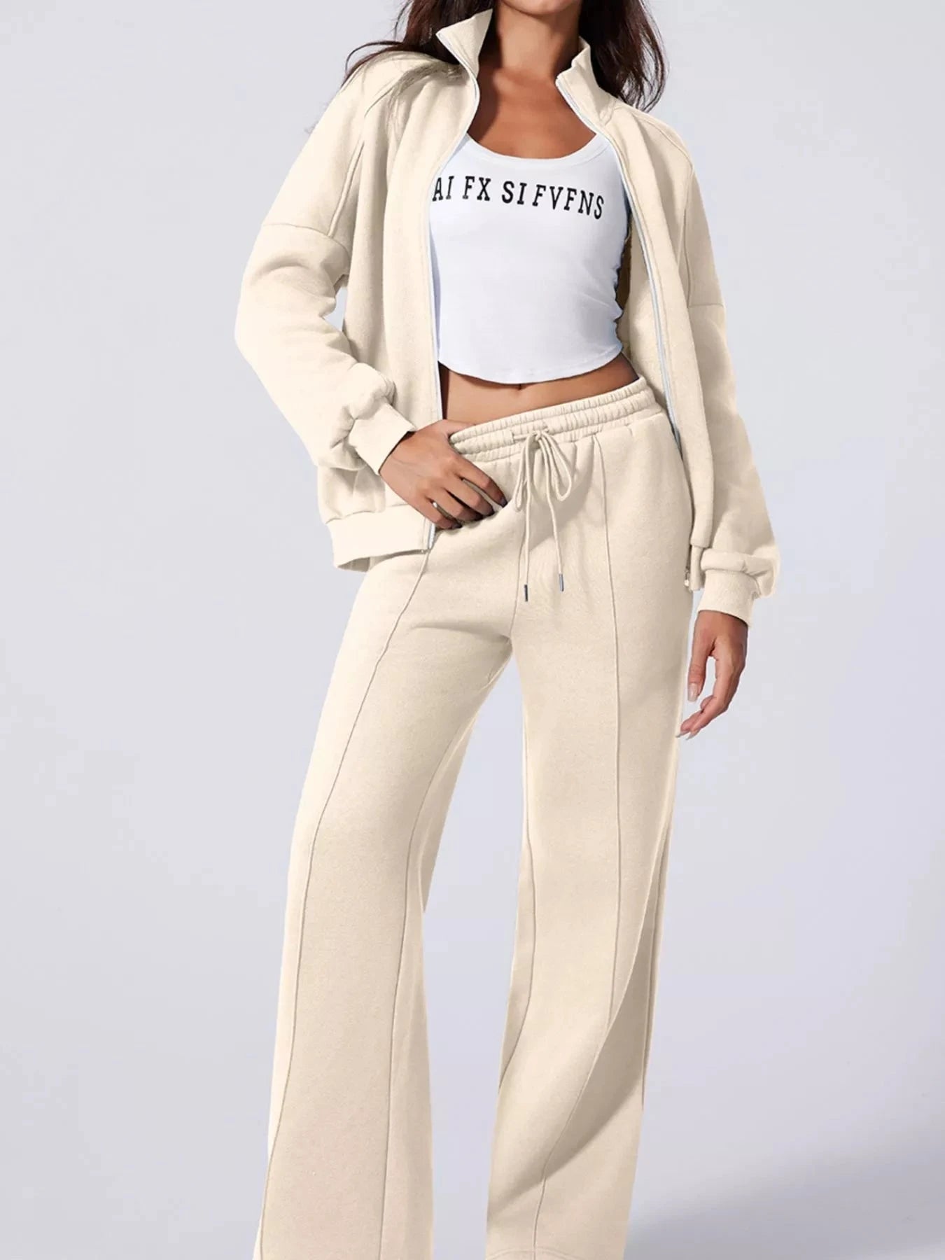 Drop Shoulder Zip Up Jacket and Drawstring Pants Active 2pcs Set Coco’s Tee Boutique