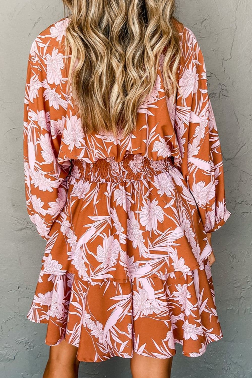 Smocked Printed Long Sleeve Mini Dress.