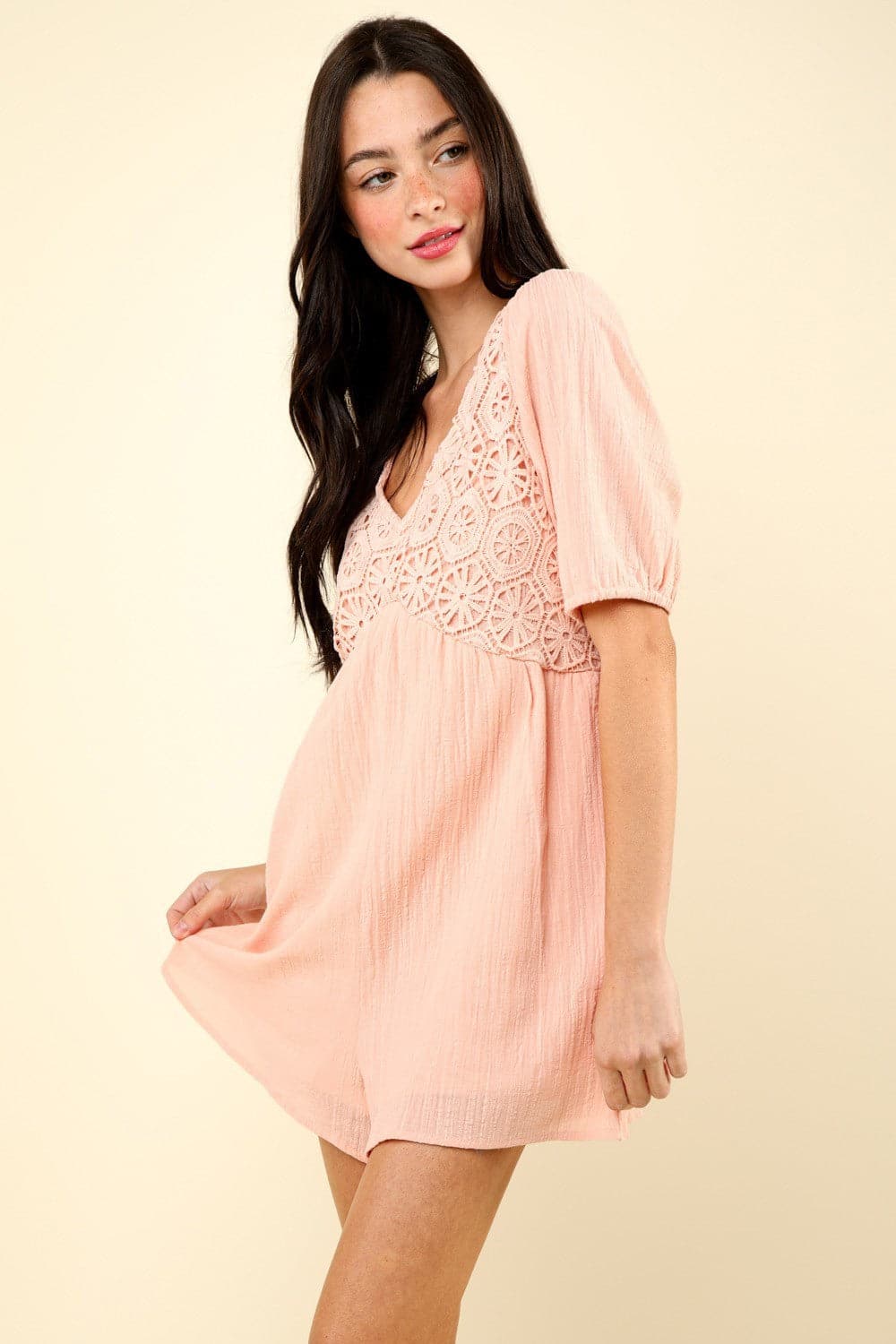 VERY J Lace Detail Puff Sleeve Romper with Pockets.