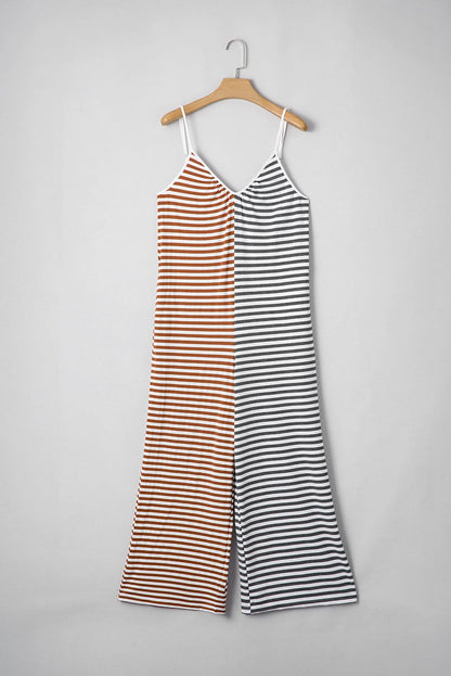 Yellow Striped Backless Spaghetti Strap Two-Tone Overall Dress