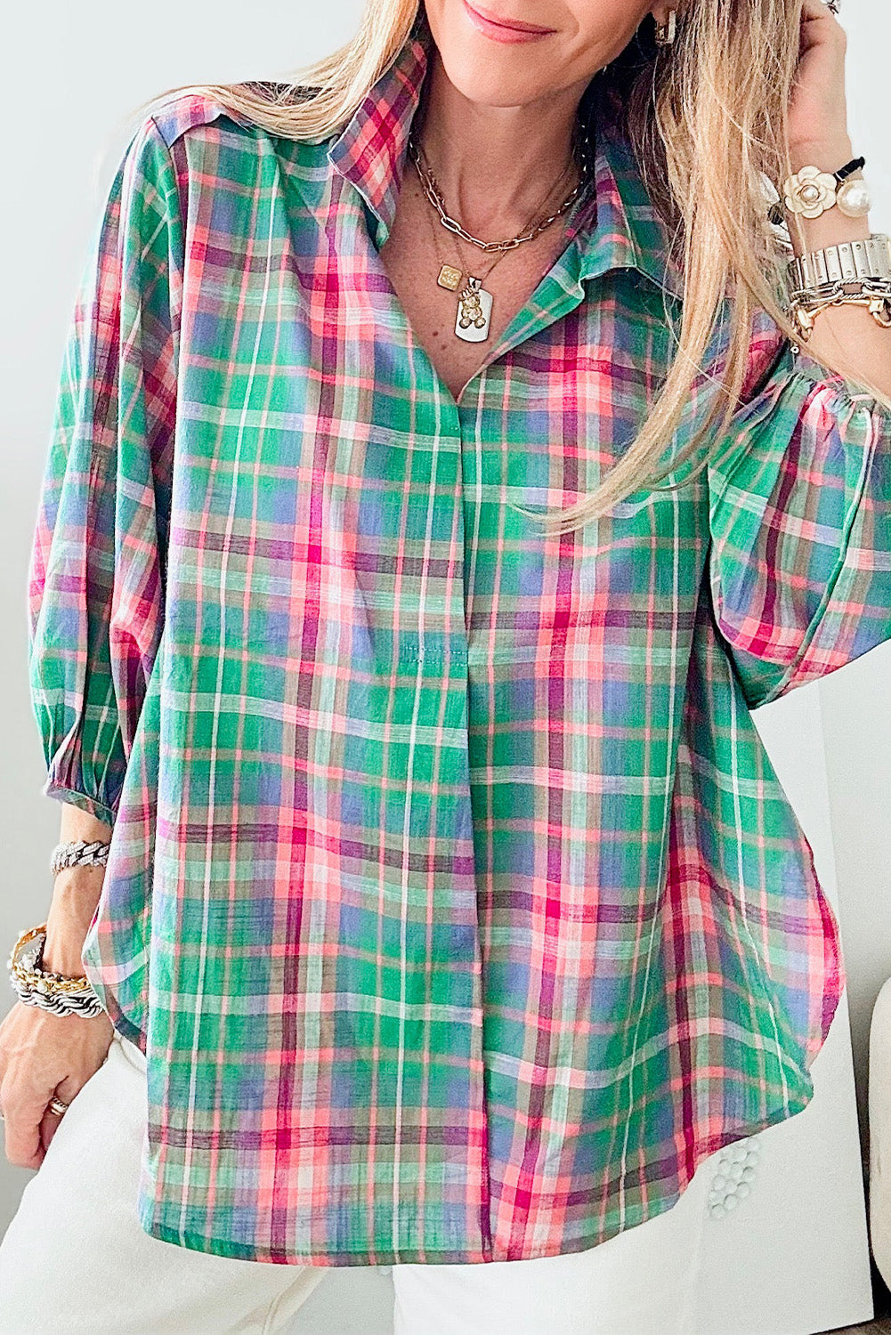 Casual green plaid 3/4 sleeve button-up shirt