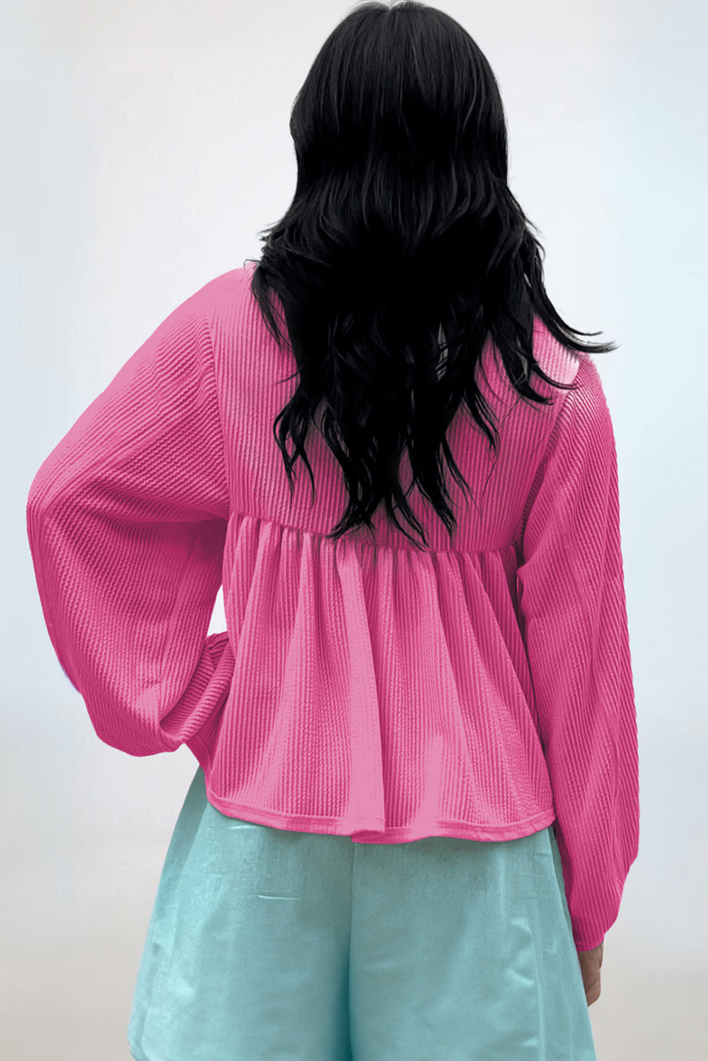 Chic bright pink bubble sleeve babydoll blouse with V-neck and turn-down collar