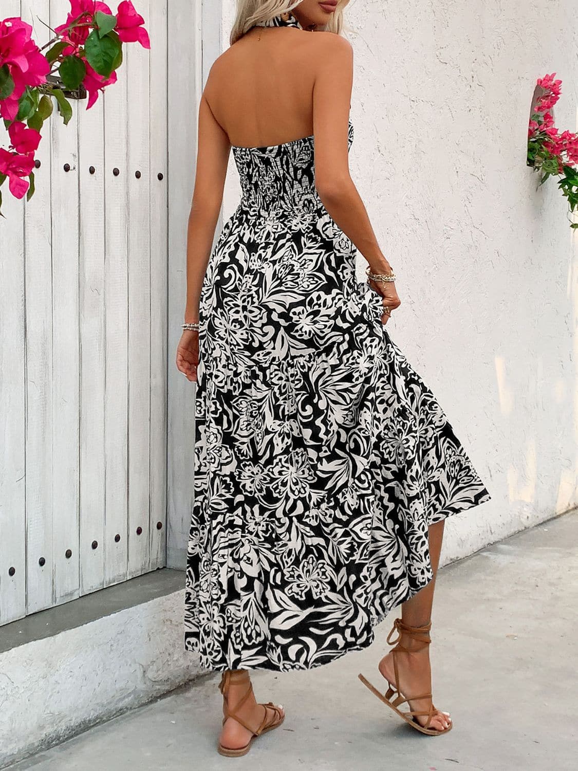 Backless Smocked Printed Sleeveless Midi Dress.