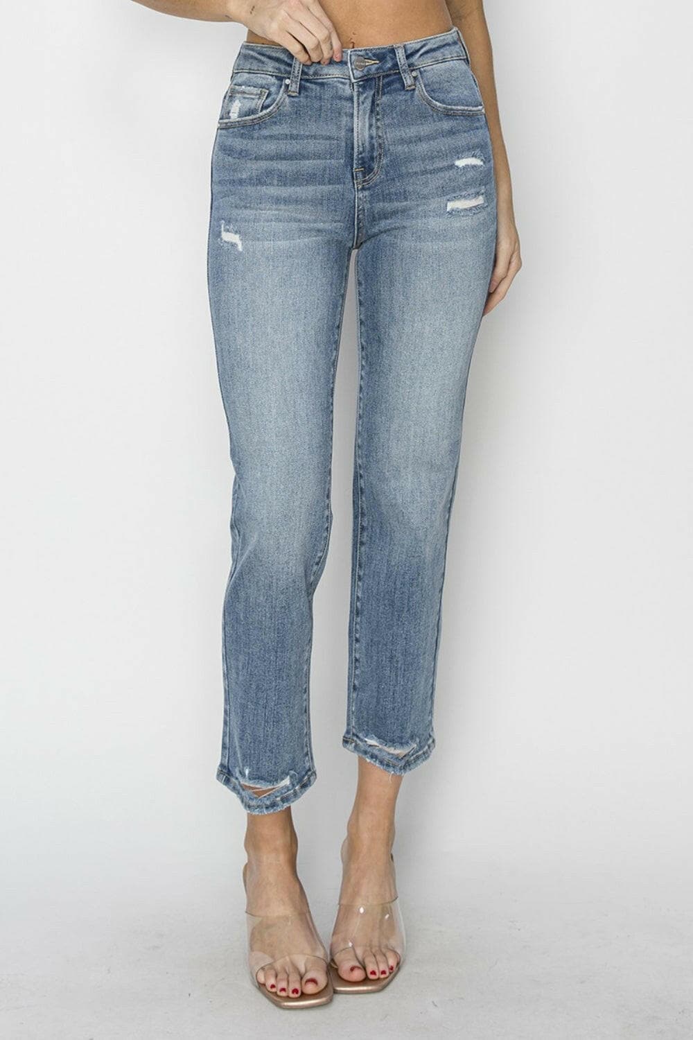 RISEN Full Size High Waist Distressed Cropped Jeans.