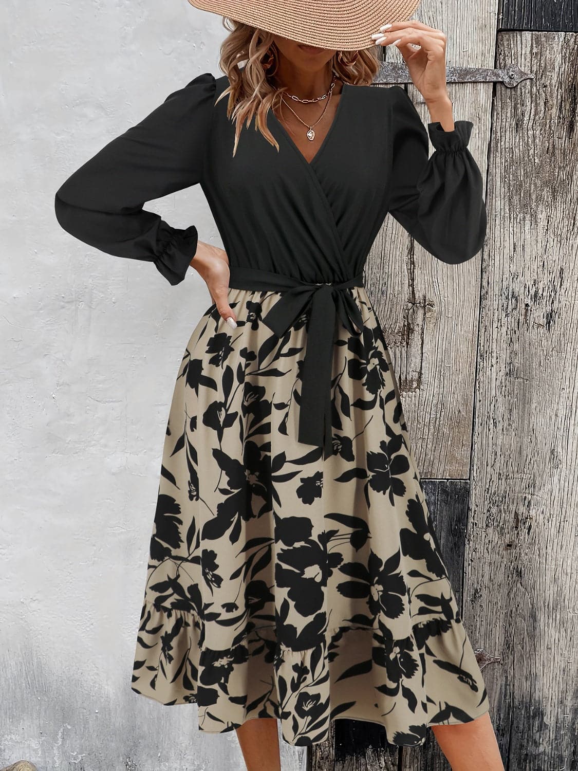 Tied Ruffled Printed Long Sleeve Dress.