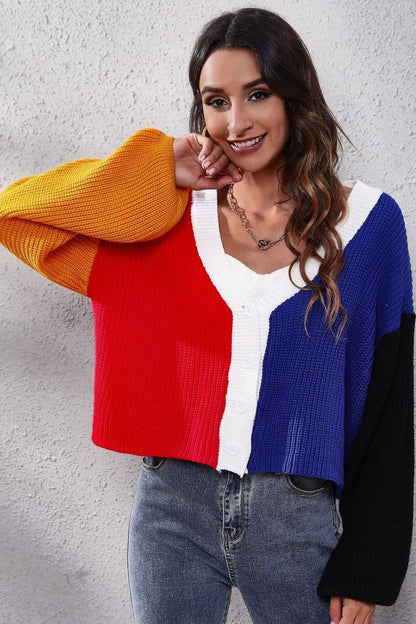 Color Block Ribbed Long Sleeve Cardigan.