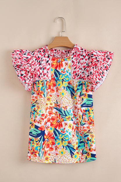 Red Floral Mixed Print Ruffle Cap Sleeve Blouse for Women