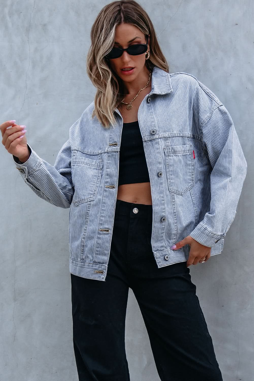 Sky Blue Stripe Washed Oversize Pocketed Denim Jacket - Love Salve 