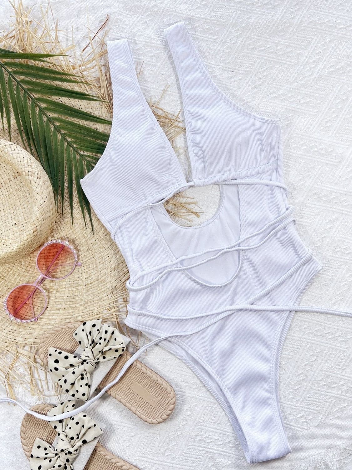 Ribbed Lace Up One-Piece Swimsuit.