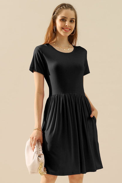 Ninexis Full Size Round Neck Ruched Dress with Pockets.