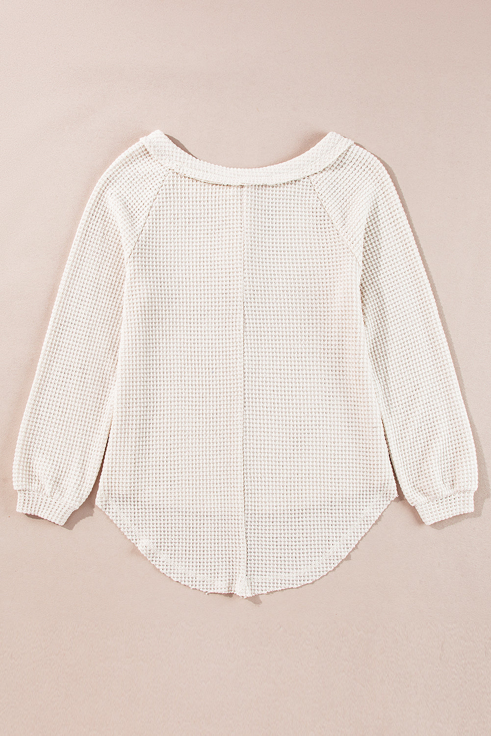 Cozy oatmeal waffle knit blouse with buttoned front and raglan sleeves