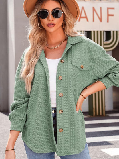 Stylish textured long sleeve button-up shacket