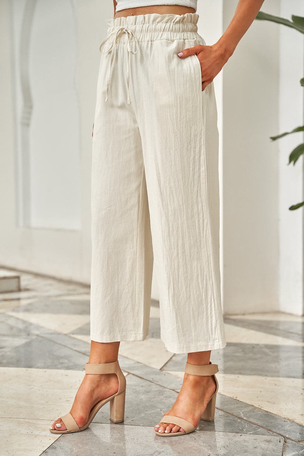 Drawstring Paperbag Waist Wide Leg Pants.