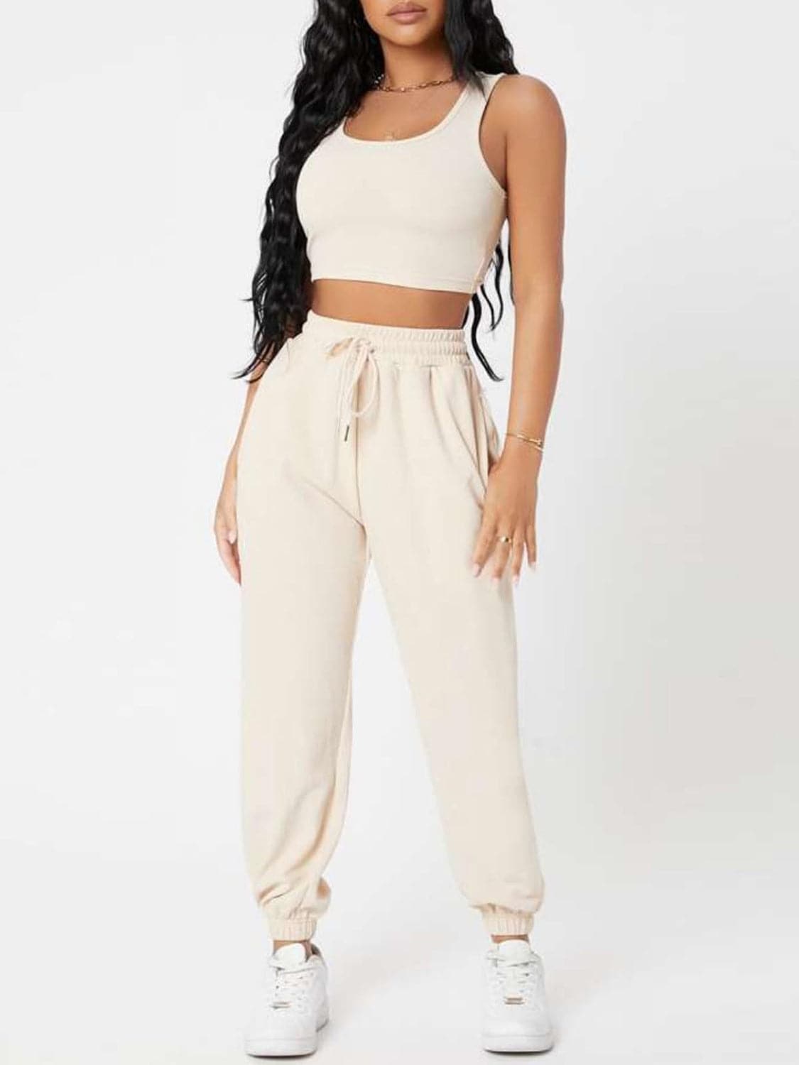 Wide Strap Top and Drawstring Joggers Set.