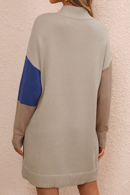 Color Block Mock Neck Dropped Shoulder Sweater Dress.