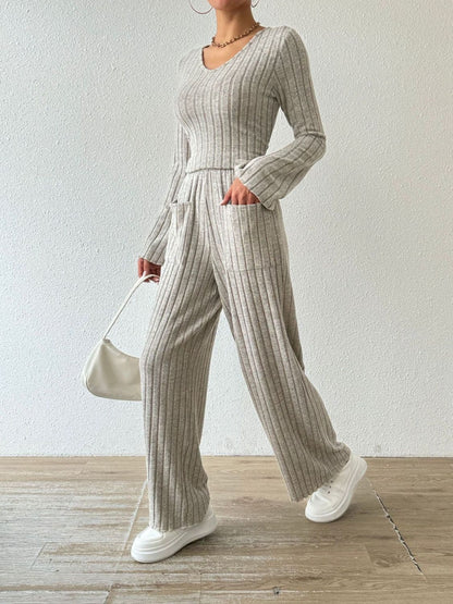 Chic ribbed V-neck long sleeve top and pocketed lounge pants set