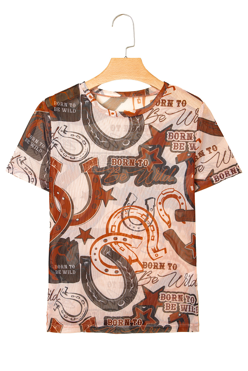 Brown Western Horseshoe Printed Mesh T Shirt for Women