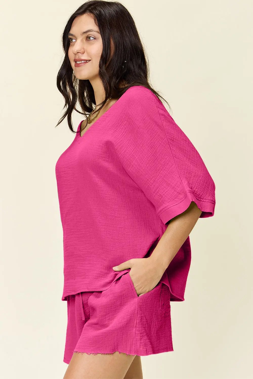 Double Take Texture Half Sleeve T-Shirt and Drawstring Shorts Set - Love Salve