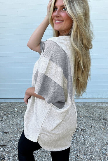 Light Grey Two Tone Contrast Waffle Knit Patched Top