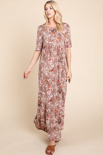 BOMBOM Printed Shirred Maxi Dress.