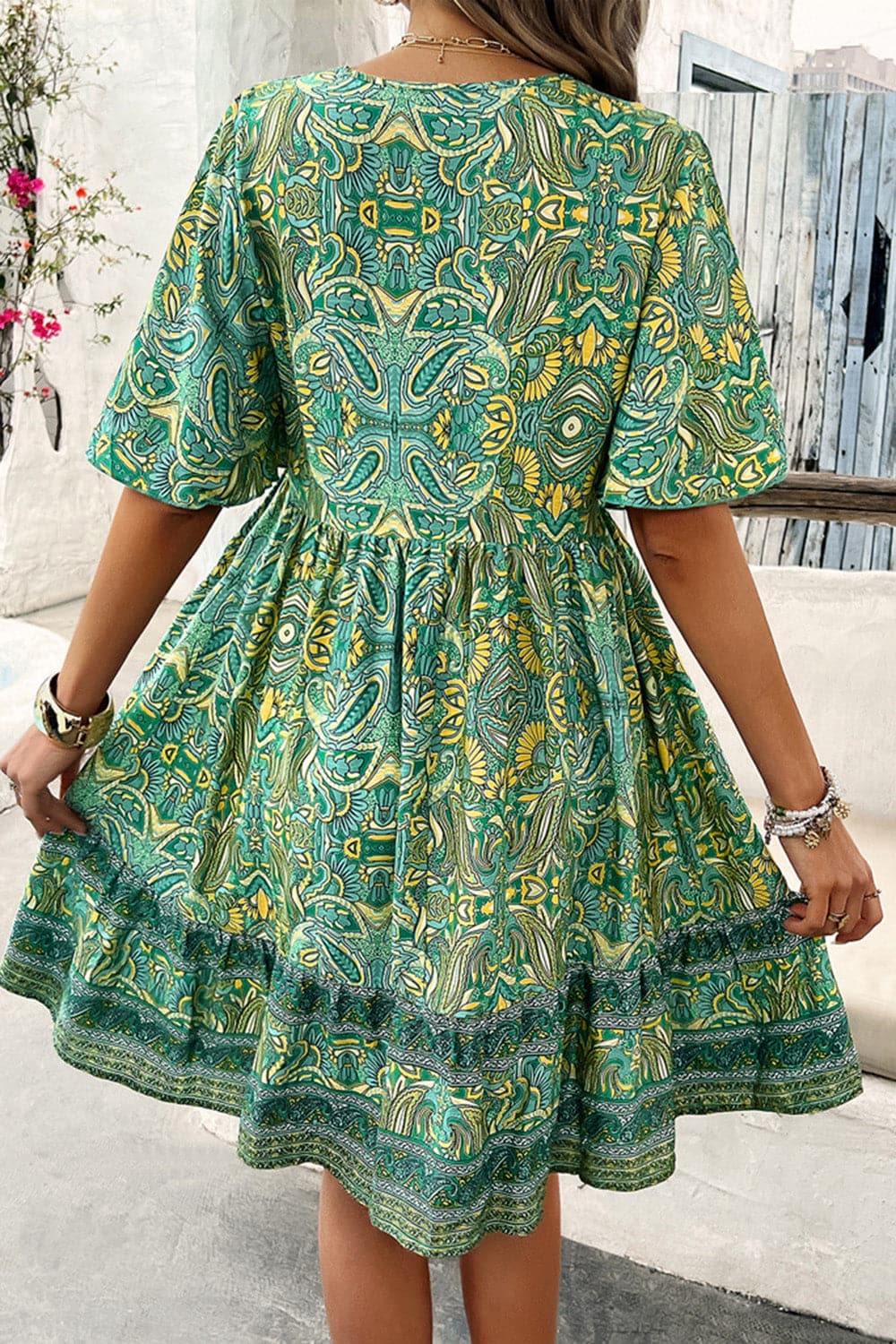 Printed V-Neck Half Sleeve Mini Dress.