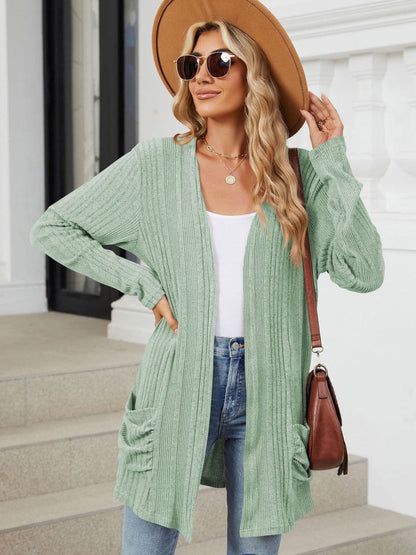 Pocketed Open Front Long Sleeve Cardigan.