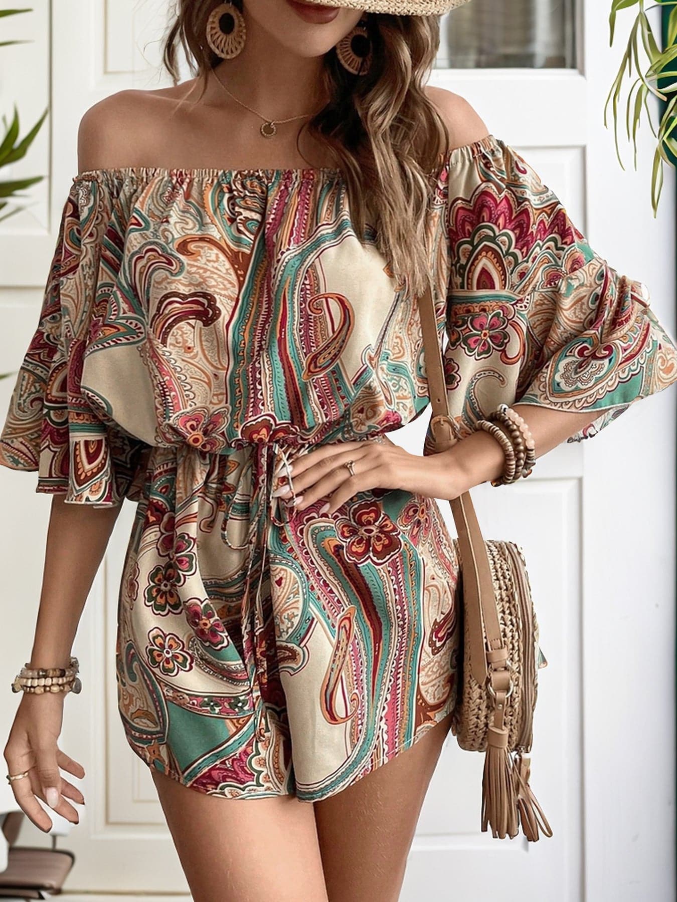 Printed Off Shoulder Half Sleeve Romper.