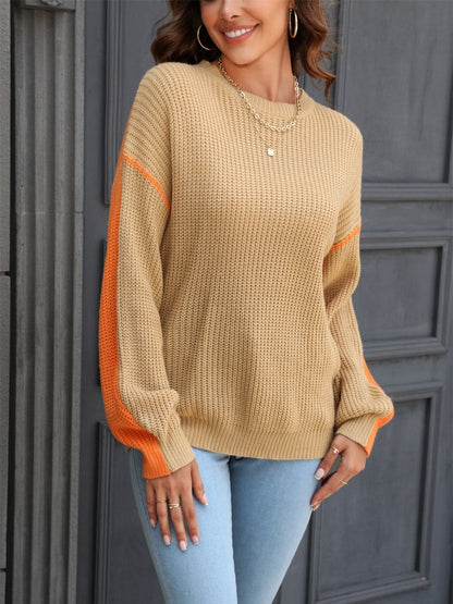 Contrast Round Neck Dropped Shoulder Sweater.